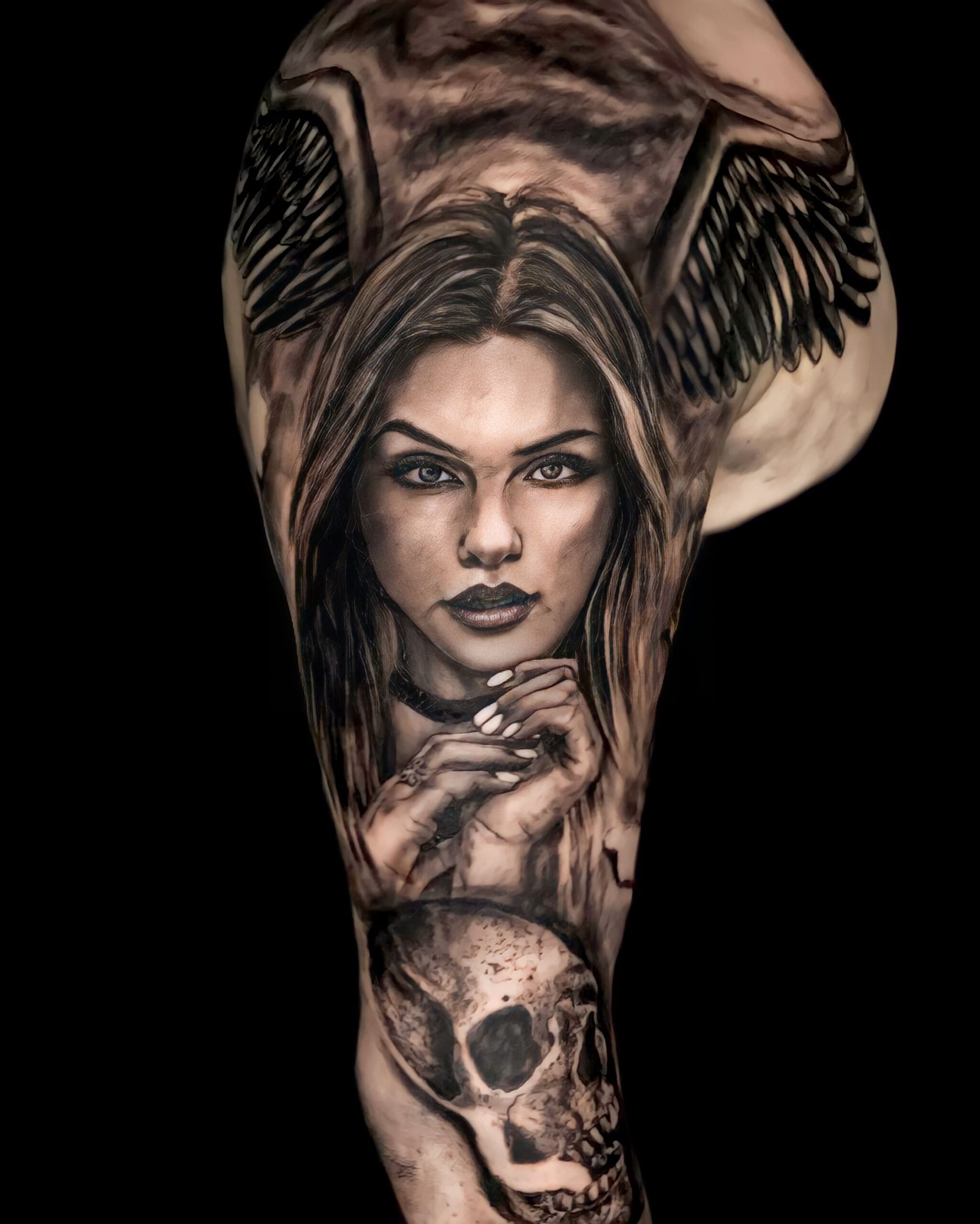 Portrait of a girl with angel wings and skull tattoo by Maddy, Delhi