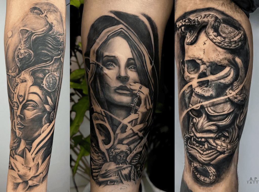 Text: Tattoo collage with Shiva tattoo, girl portrait, and Hannya mask design from leading tattoo shop in Delhi Title: Apex Tattooz Delhi – Shiva, Portrait & Hannya Tattoo Collage