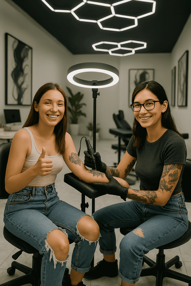Female tattoo artist with a client at Apex Tattooz Delhi