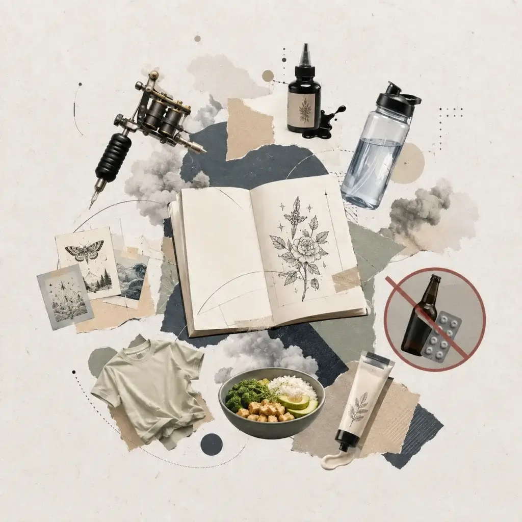 Flat-lay of first tattoo preparation essentials — tattoo machine, ink, water, sketchbook, and aftercare cream — Apex Tattooz Delhi