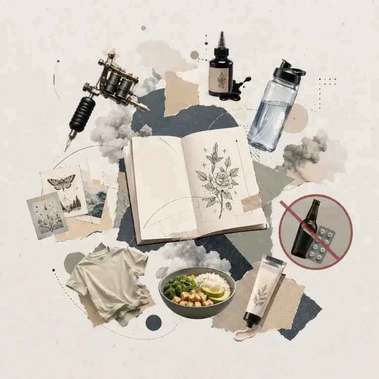 Flat-lay of first tattoo preparation essentials — tattoo machine, ink, water, sketchbook, and aftercare cream — Apex Tattooz Delhi