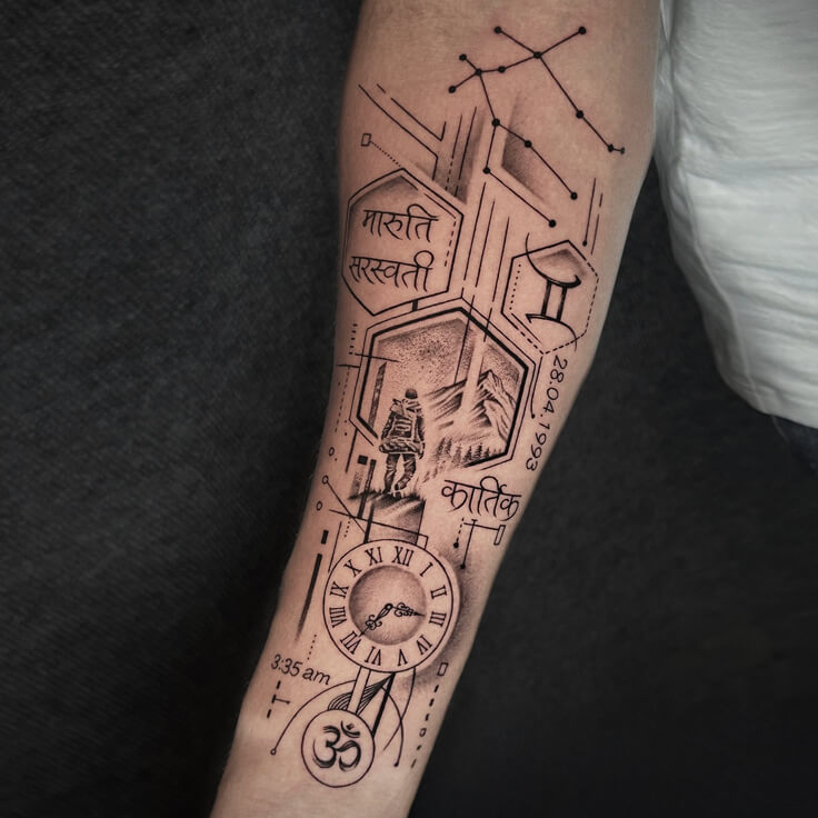 Custom fine line astrological, mountain, clock, Hindi name tattoo by Ram Kesarwani