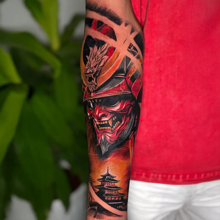 Japanese samurai mask and pagoda tattoo sleeve by Sharan
