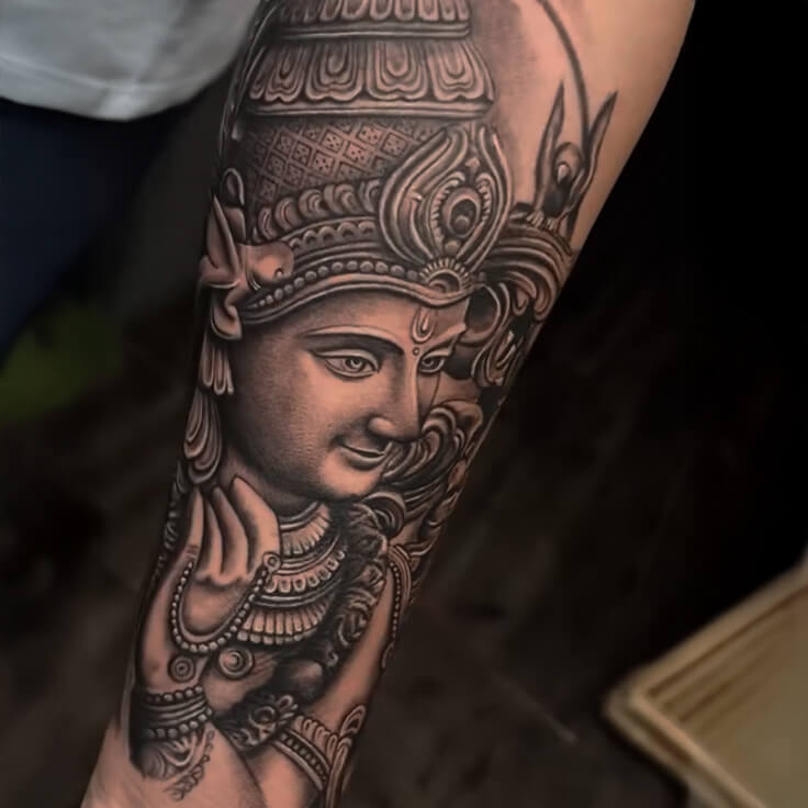 Lord Krishna fine line blackwork forearm tattoo by Ram Kesarwani