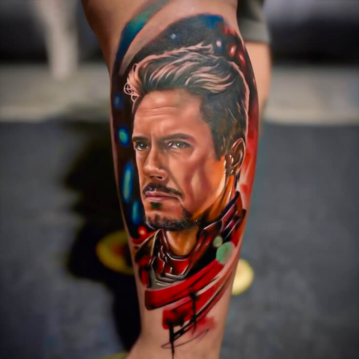 Stunning colour portrait of Iron Man inked by award-winning Delhi tattoo artist Soumen Dutta.