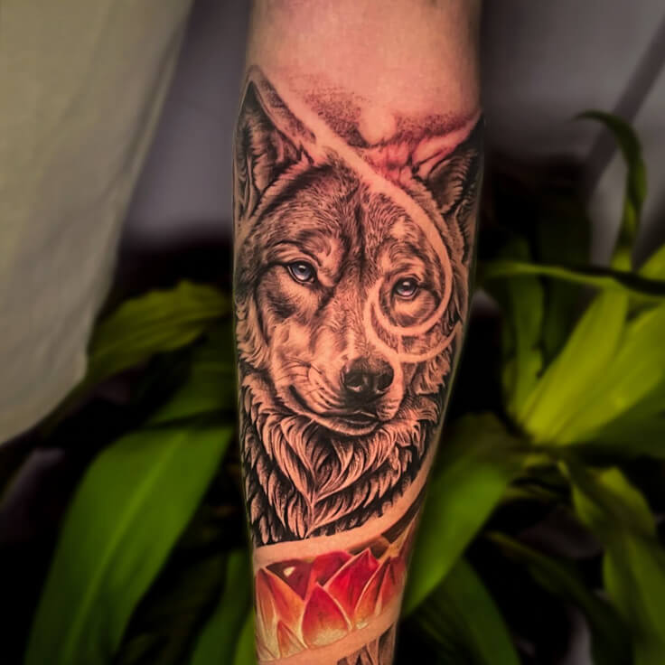 Custom wolf tattoo sleeve with lotus by Sharan