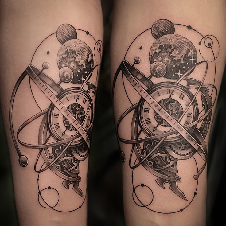 Steampunk clock, planets, cosmic blackwork forearm tattoo by Ram Kesarwani