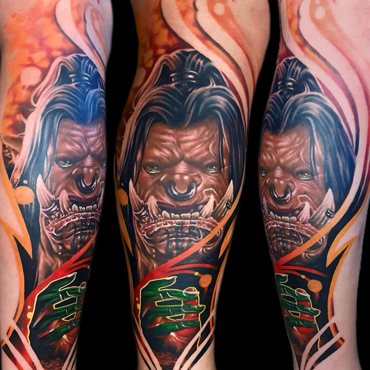 Fantasy creature tattoo by Soumen Dutta with vibrant 3D shading and intricate detailing.