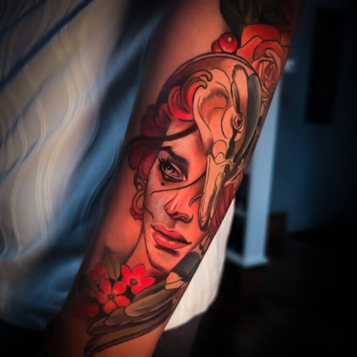 Neo-traditional woman and bird skull tattoo by Sohil Khan