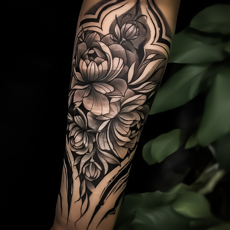 Lotus black and grey forearm tattoo by Vishal Gour