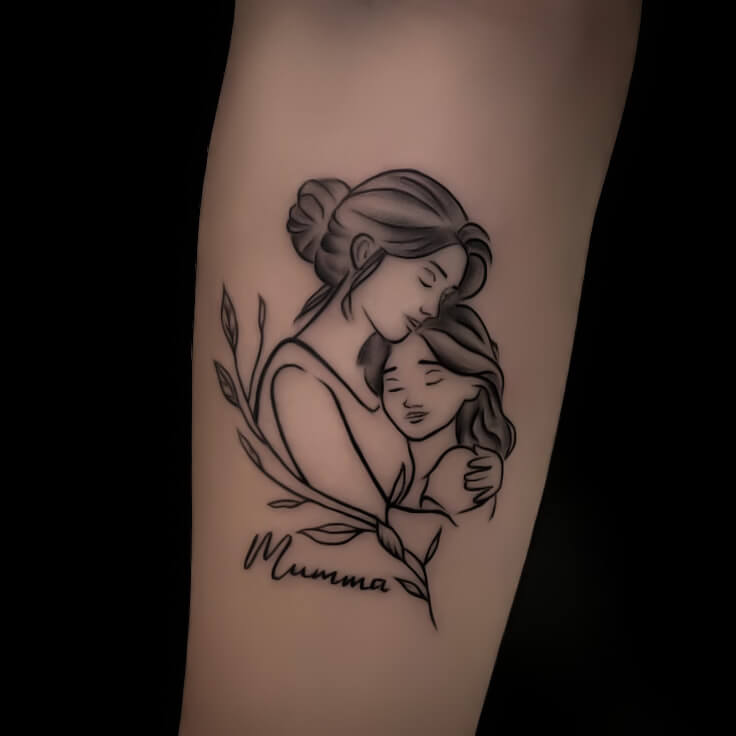 Mother and child forearm tattoo by Gautam Birla