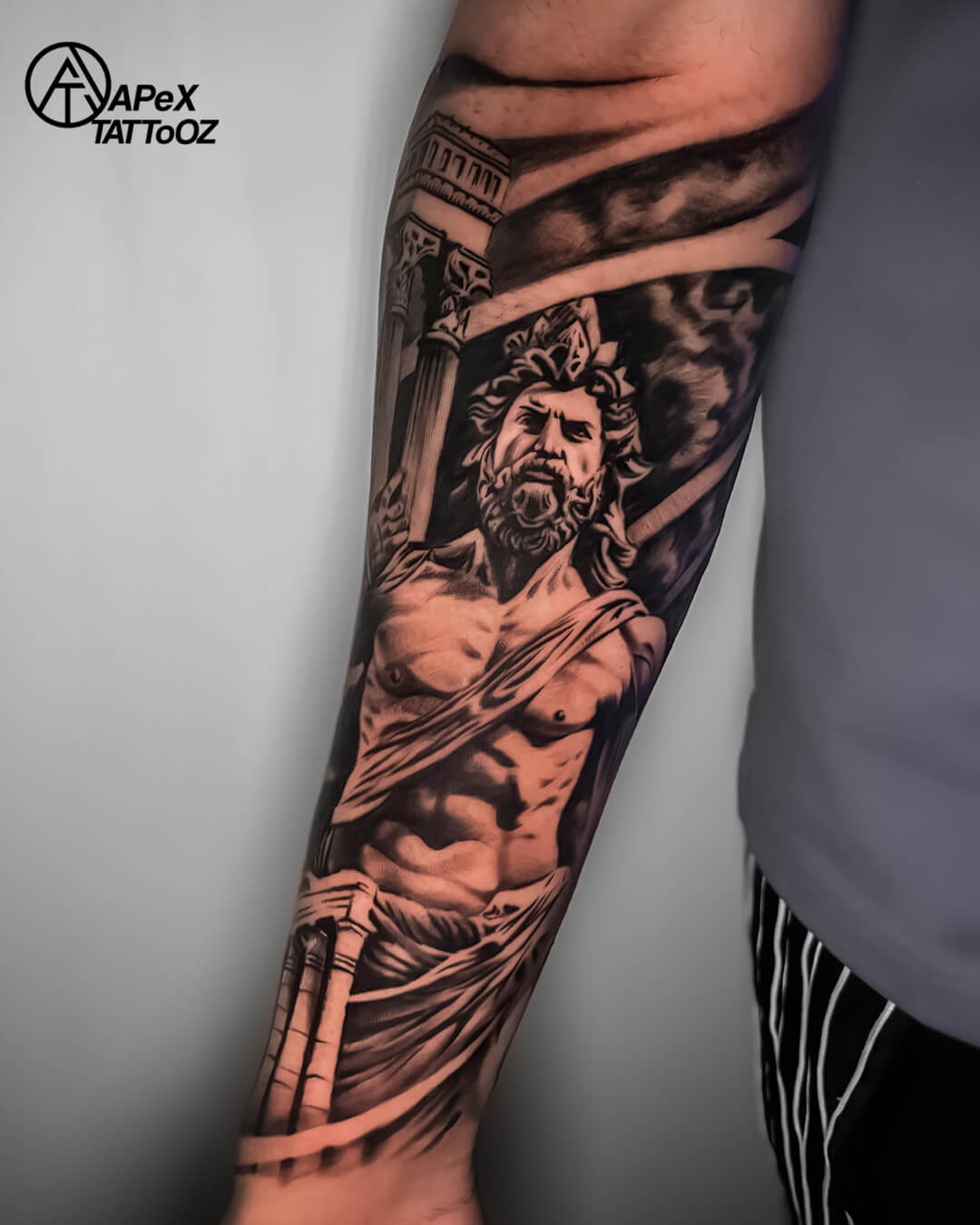 Greek God Forearm Sleeve on full arm sleeve by Apex Tattooz