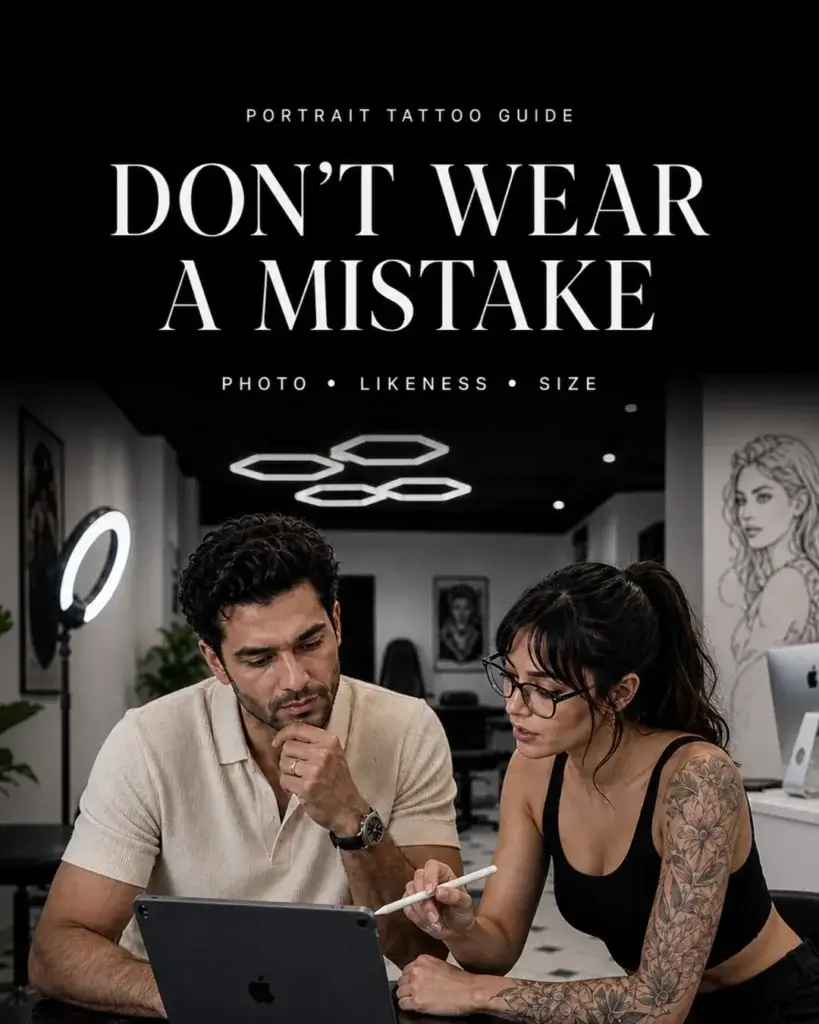 Portrait-format educational concept about planning a portrait tattoo from a photograph