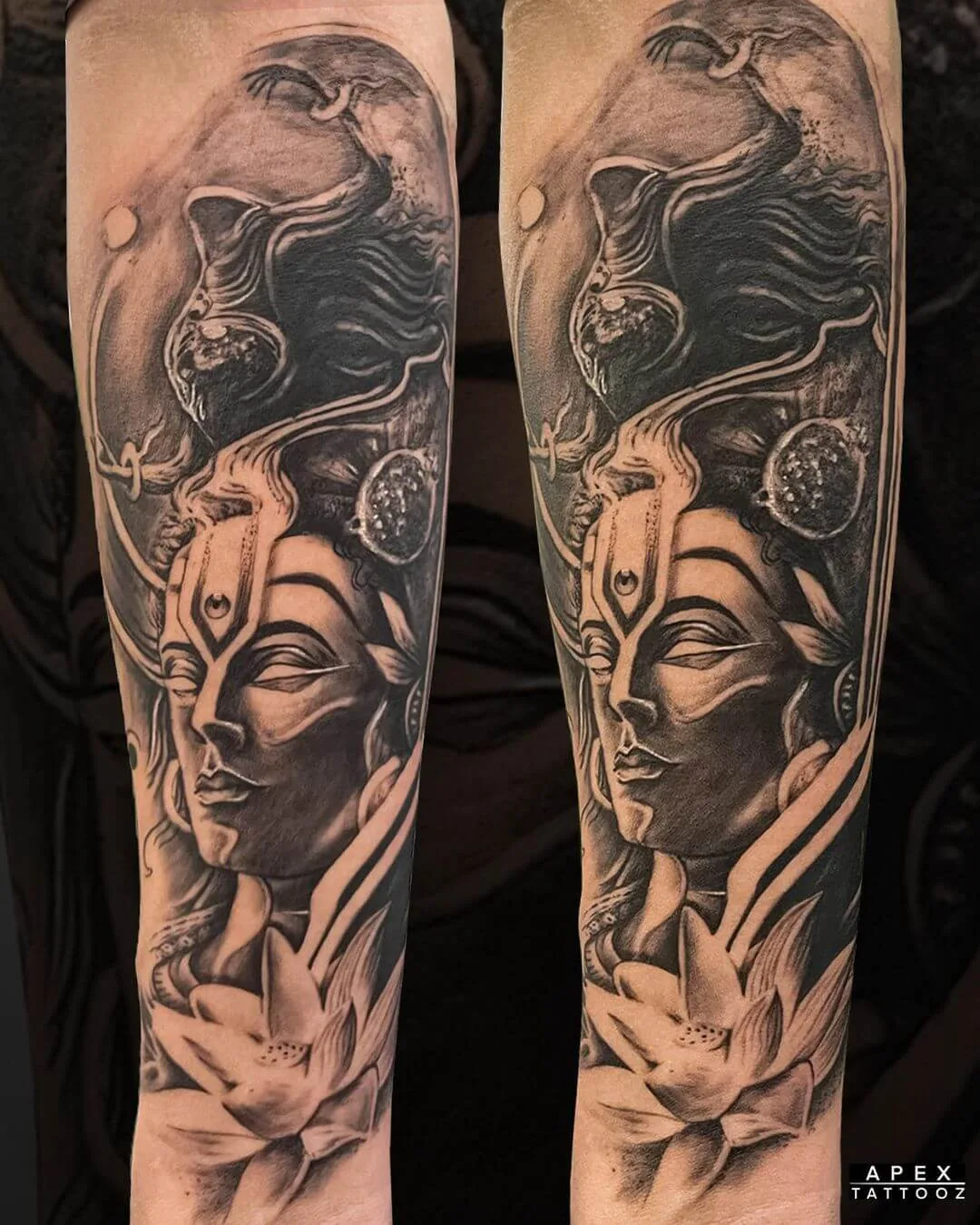 Detailed Lord Shiva realism tattoo composition by Apex Tattooz