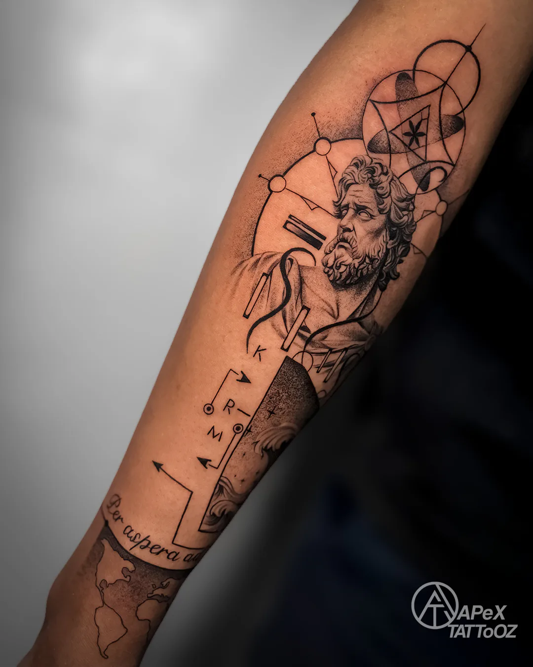 Forearm tattoo with waves, a world map and the words Per aspera ad astra