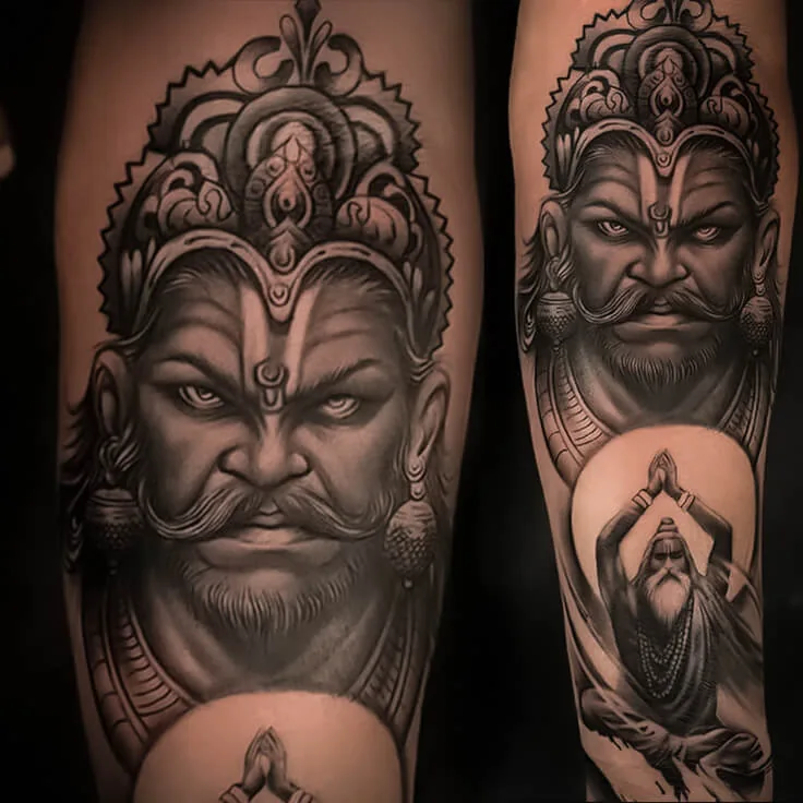 Black-and-grey Ravana forearm tattoo with a meditative figure by Apex Tattooz