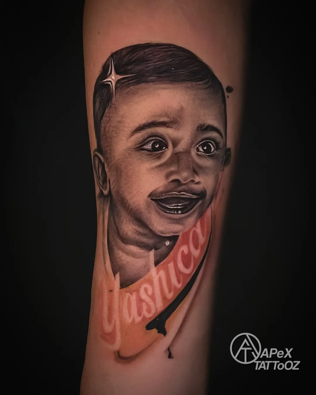 Realistic child portrait tattoo by Tanmay at Apex Tattooz Delhi