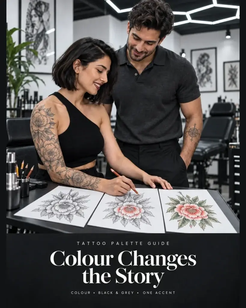 AI-generated educational scene of a tattoo artist and client comparing grayscale, accent and full-colour flower designs