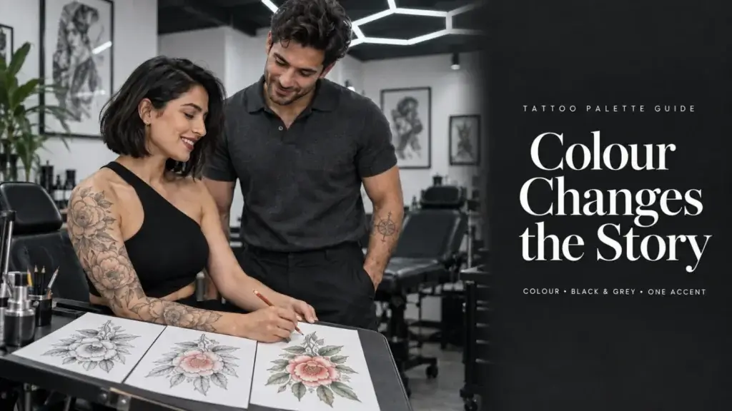 AI-generated educational scene of a tattoo artist developing flower palette studies with an adult client