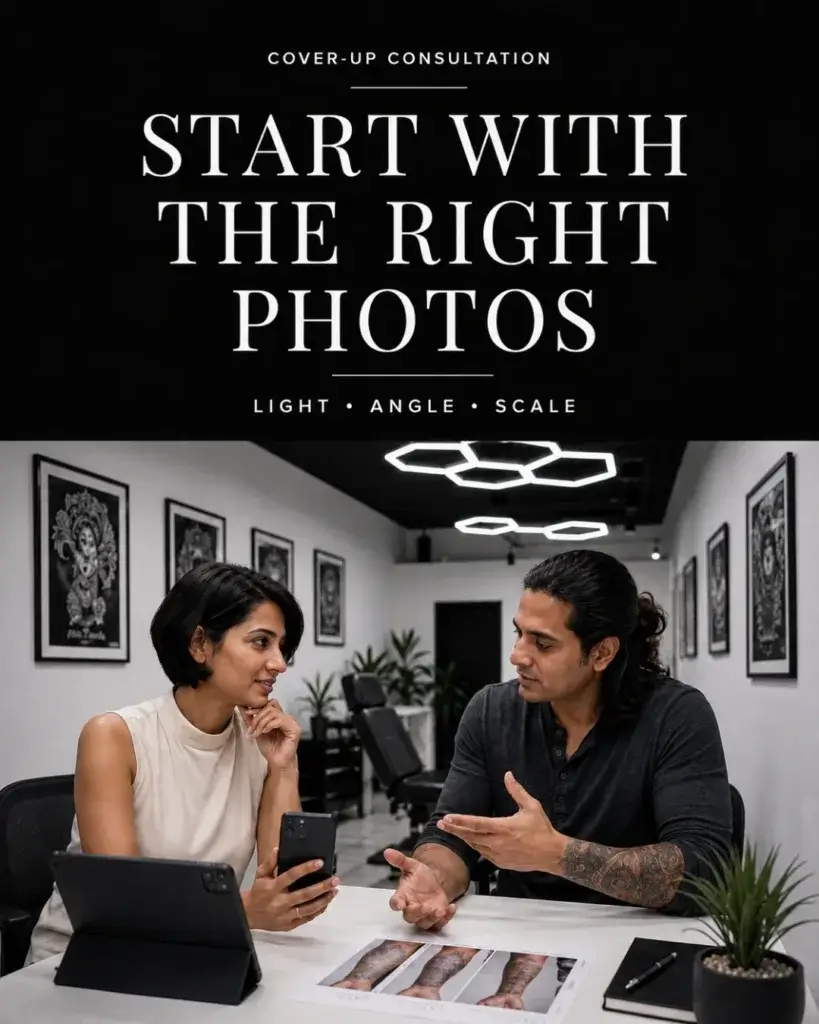 AI-generated educational concept of a client and artist discussing photographs for a cover-up consultation