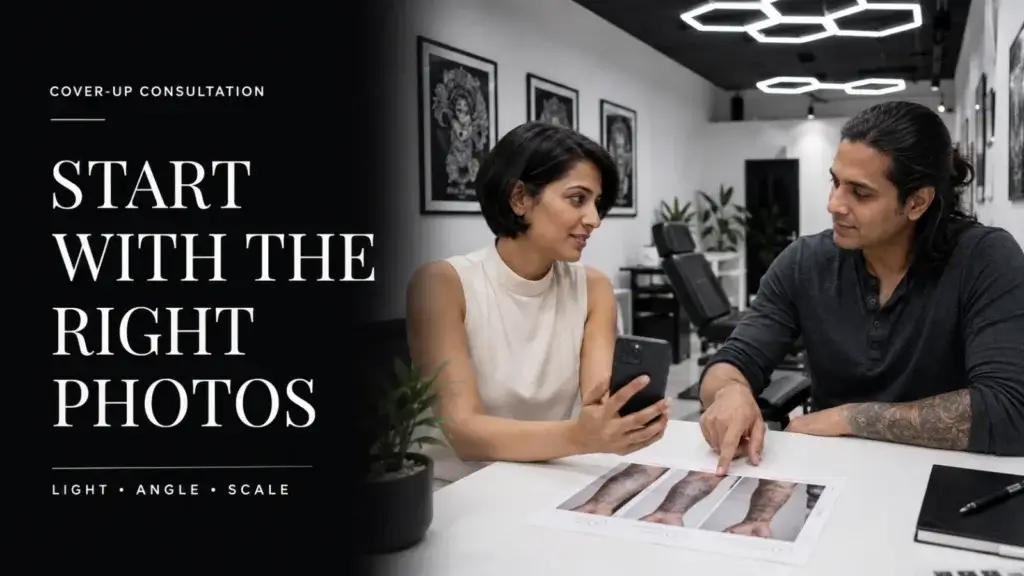 AI-generated educational concept of a client and artist discussing photographs for a cover-up consultation