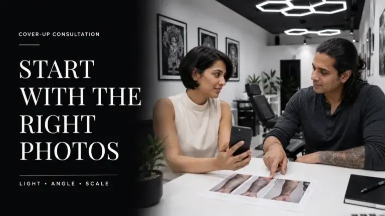 AI-generated educational concept of a client and artist discussing photographs for a cover-up consultation