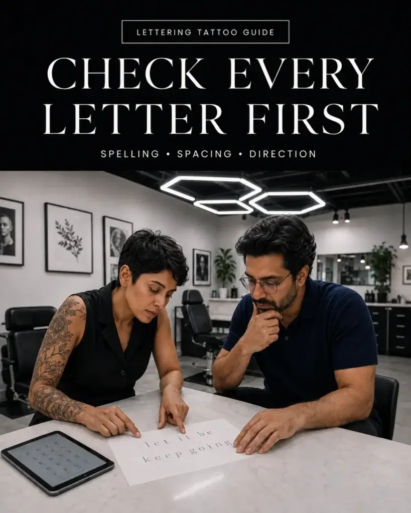 AI-generated educational concept of an artist and client checking a lettering proof