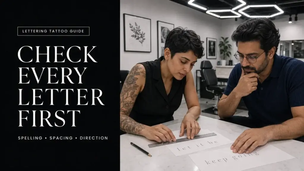 AI-generated educational concept of an artist and client checking a lettering proof