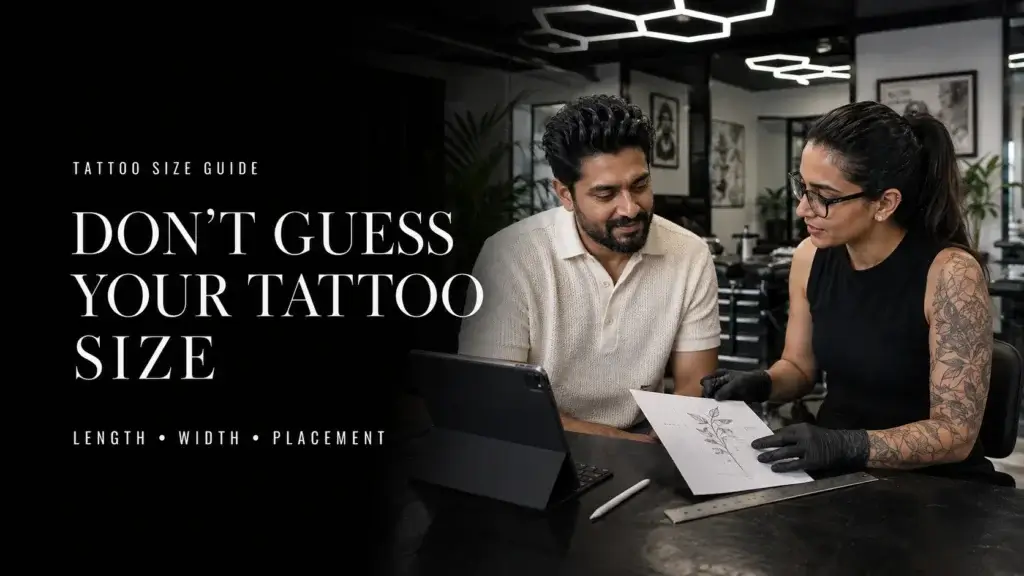 AI-generated educational illustration of a tattoo sizing consultation: Don’t guess your tattoo size