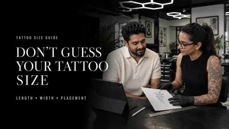 AI-generated educational illustration of a tattoo sizing consultation: Don’t guess your tattoo size