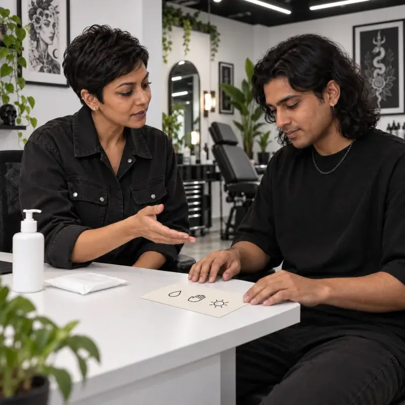 AI-generated illustration of a client reviewing tattoo aftercare guidance with an artist.