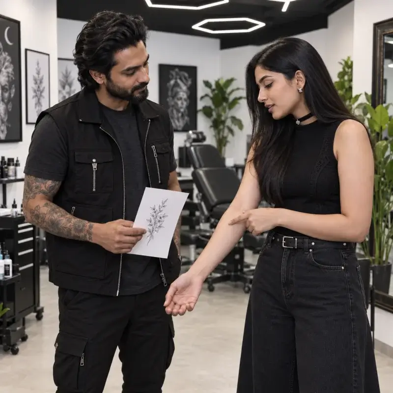 AI-generated illustration of a client and tattoo artist discussing forearm placement and a botanical design.