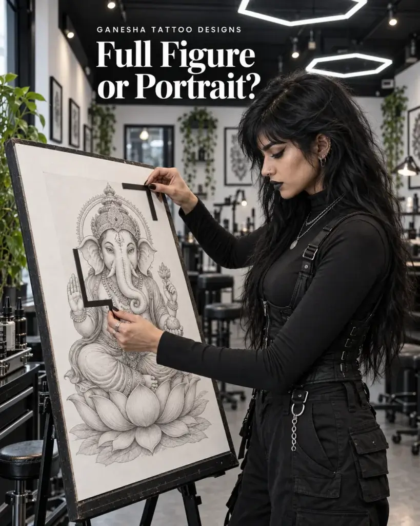 AI-generated portrait-format illustration using two crop guides to frame the face, crown and trunk of a Ganesha drawing