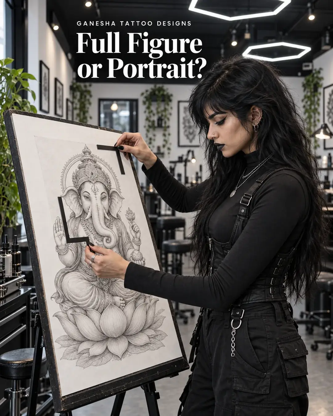 AI-generated portrait-format illustration using two crop guides to frame the face, crown and trunk of a Ganesha drawing
