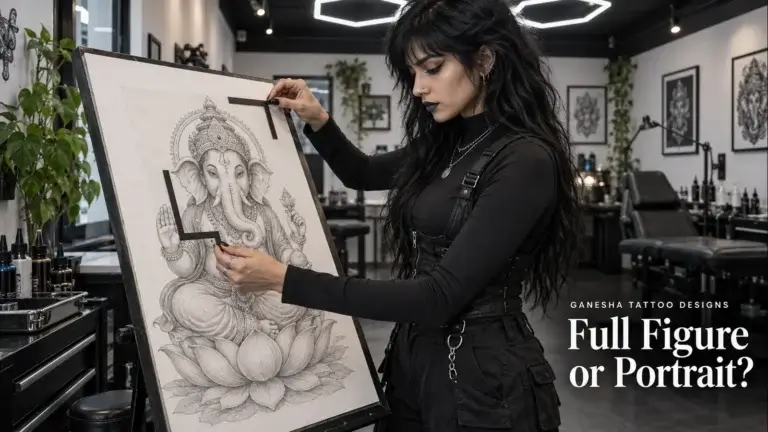 AI-generated illustration of a Gothic-styled designer using crop guides on a Ganesha drawing to compare full figure and portrait
