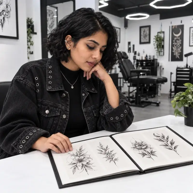 AI-generated illustration of a woman reviewing a tattoo design portfolio before choosing an artist.
