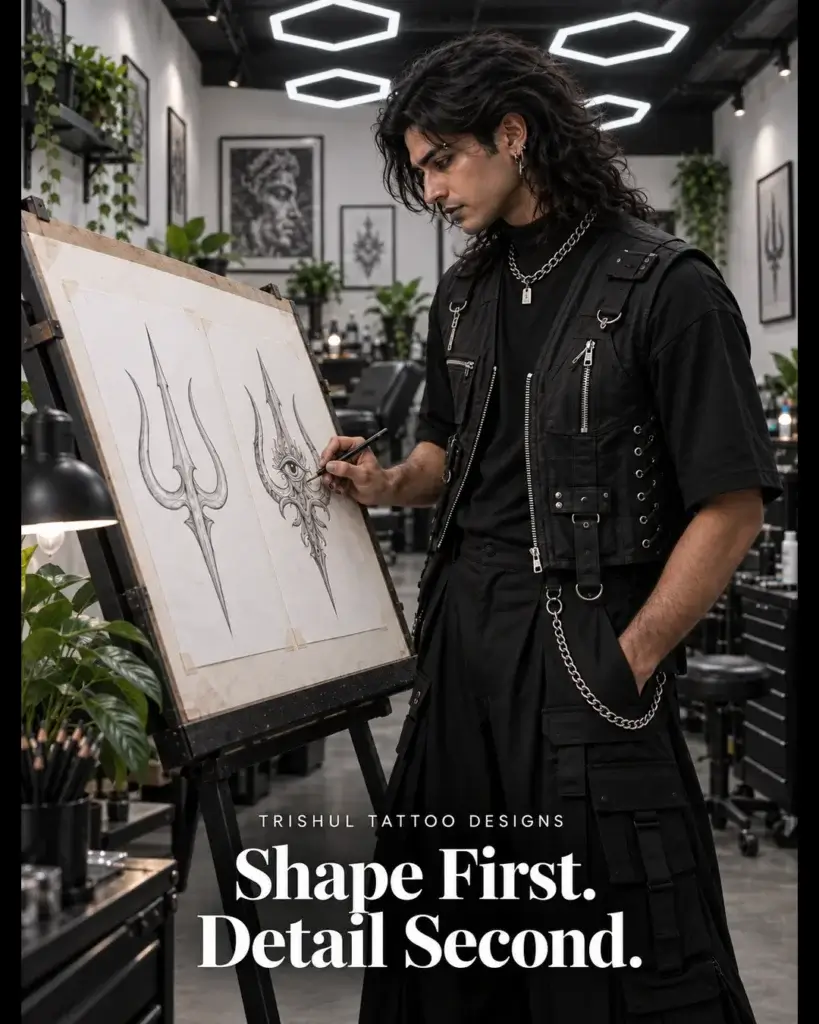 AI-generated portrait-format illustration comparing a three-pronged Trishul outline and an ornamental eye motif