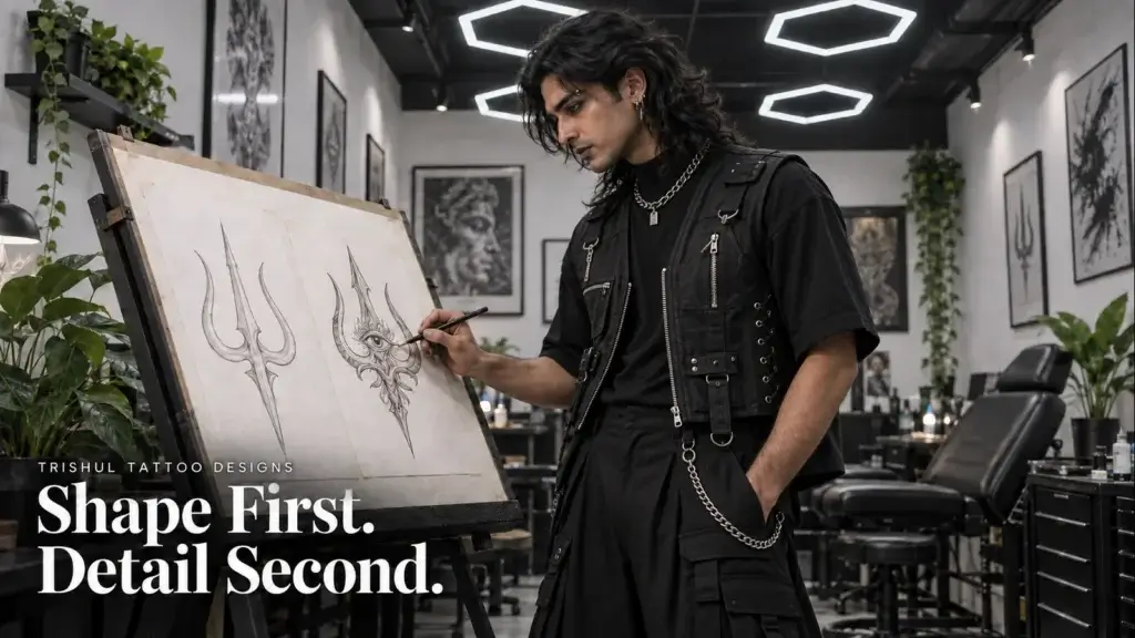 AI-generated illustration of a Gothic-styled designer comparing a simple Trishul outline with an eye-motif study