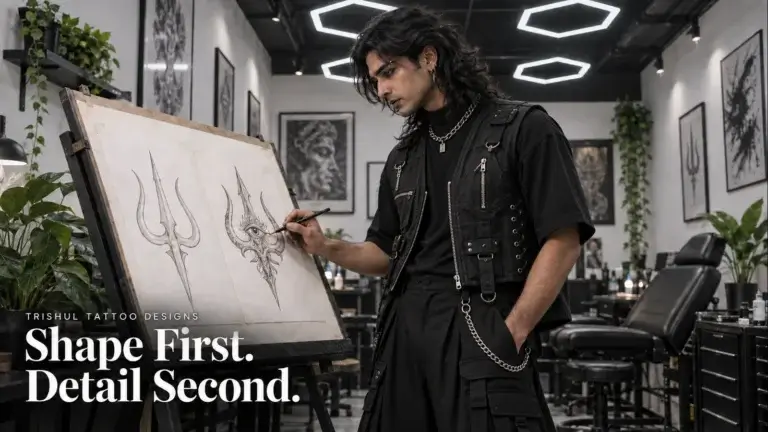 AI-generated illustration of a Gothic-styled designer comparing a simple Trishul outline with an eye-motif study