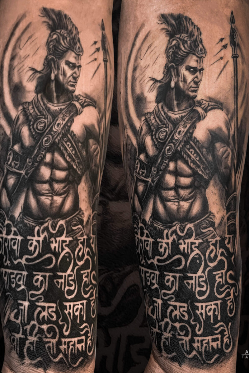 Customized Hindu warrior tattoo representing strength and cultural pride, inked at Apex Tattooz in Delhi