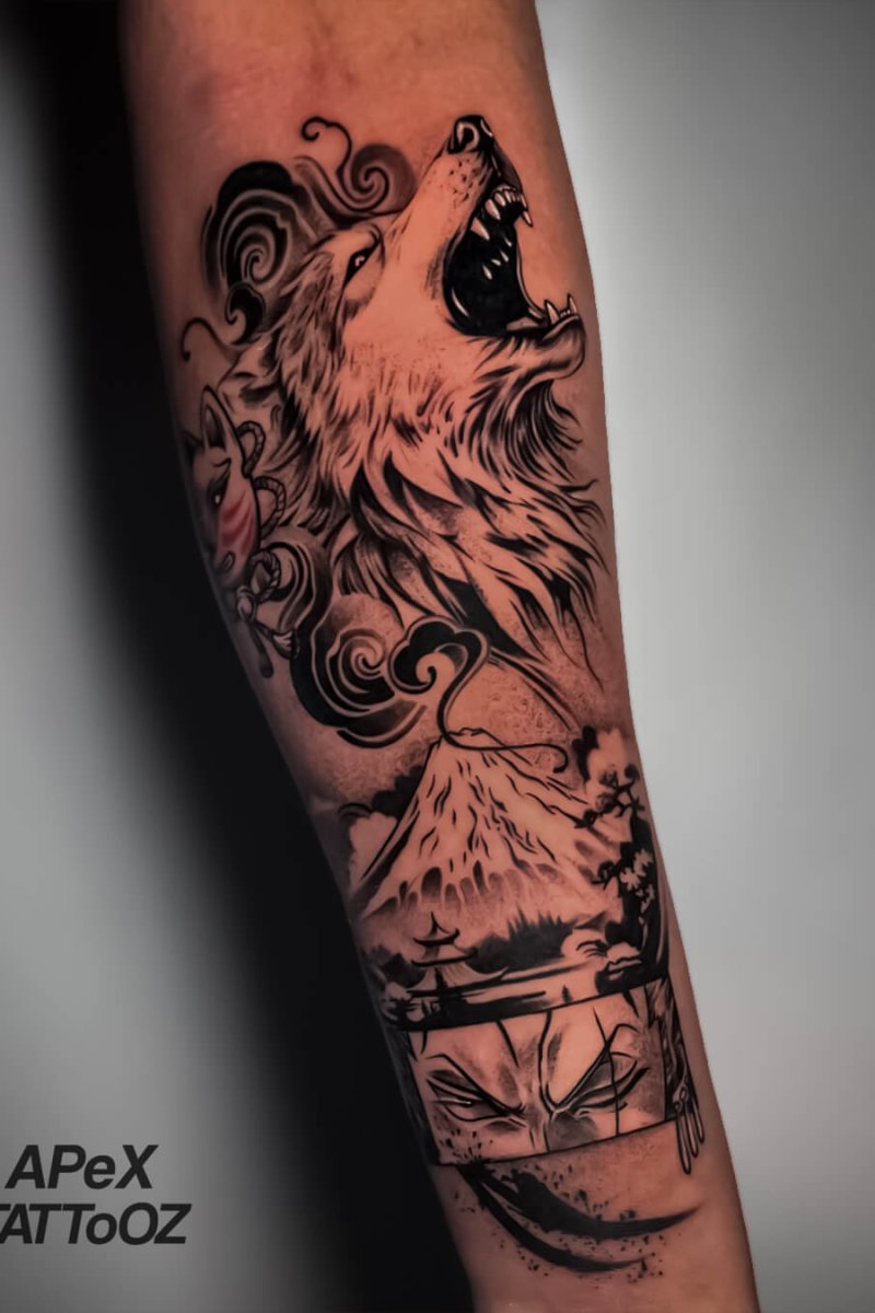 Japanese wolf tattoo on forearm by Apex Tattooz Delhi NCR